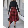 CUPSHE Womens Christmas Plaid Dress Holiday Long Sleeve Flowy Midi Dress Mock Neck Belted Dresses with Pockets(Red Black)