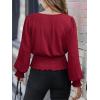 CUPSHE Women’s Crew Neck Frill Shirred Lantern Long Sleeve Blouse Office Shirt Work Top(Red)