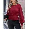 CUPSHE Women’s Crew Neck Frill Shirred Lantern Long Sleeve Blouse Office Shirt Work Top(Red)