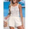 CUPSHE Womens Crochet Beach Cover Ups Casual Sleeveless Romper Square Neck Backless Shorts Overalls Mini Coverup(Beige)