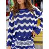 CUPSHE Women’s Crochet Cover Up Long Sleeve Striped Beach Cover Up Top Summer Casual Knit Tops for Swimwear(Top Only)(Royal Blue Stripes)