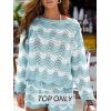 CUPSHE Women’s Crochet Cover Up Long Sleeve Striped Beach Cover Up Top Summer Casual Knit Tops for Swimwear(Top Only)(Sky Blue Stripes)