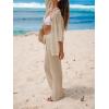 CUPSHE Women’s Crochet Cover Up Set Button Down Hollow Out Top Long Net Pant 2 Piece Beachwear(Khaki)