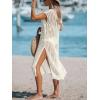 CUPSHE Women’s Crochet Swim Suit Coverup Cap Sleeve Knit Loose Beach Cover Ups Side Split Midi Dress(Beige)