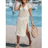 CUPSHE Women’s Crochet Swim Suit Coverup Cap Sleeve Knit Loose Beach Cover Ups Side Split Midi Dress(Beige)