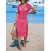 CUPSHE Women’s Crochet Swim Suit Coverup Cap Sleeve Knit Loose Beach Cover Ups Side Split Midi Dress(Rose Red)