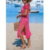 CUPSHE Women’s Crochet Swim Suit Coverup Cap Sleeve Knit Loose Beach Cover Ups Side Split Midi Dress(Rose Red)