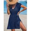 CUPSHE Womens Crochet Swimsuit Coverup Short Sleeve V Neck Mesh Mini Dress Split Casual Knit Beach Cover Ups(Navy Blue)