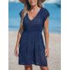 CUPSHE Womens Crochet Swimsuit Coverup Short Sleeve V Neck Mesh Mini Dress Split Casual Knit Beach Cover Ups(Navy Blue)