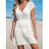 CUPSHE Womens Crochet Swimsuit Coverup Short Sleeve V Neck Mesh Mini Dress Split Casual Knit Beach Cover Ups(White)