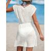 CUPSHE Womens Crochet Swimsuit Coverup Short Sleeve V Neck Mesh Mini Dress Split Casual Knit Beach Cover Ups(White)