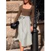 CUPSHE Womens Fall Casual Work Dress Long Sleeve Square Neck Waist Tie Abstract Print Midi Dresses(Brown-stripe)