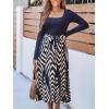 CUPSHE Womens Fall Casual Work Dress Long Sleeve Square Neck Waist Tie Abstract Print Midi Dresses(Navy Blue)