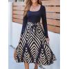 CUPSHE Womens Fall Casual Work Dress Long Sleeve Square Neck Waist Tie Abstract Print Midi Dresses(Navy Blue)