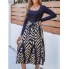 CUPSHE Womens Fall Casual Work Dress Long Sleeve Square Neck Waist Tie Abstract Print Midi Dresses(Navy Blue)