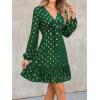 CUPSHE Women’s Fall Christmas Holiday Mini Dress Long Sleeve Polka Dots Short Dress Smocked Bow Tie Flowy Dresses(Green)