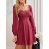 CUPSHE Women’s Fall Dresses 2025 Long Sleeve Casual Outfits A Line Ruched Cotton Cocktail Sweetheart Flowy Mini Party Dress(Burgundy)