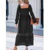 CUPSHE Womens Fall Dresses 2025 Square Neck Smocked Long Sleeve Ruffled Lace Long Formal A Line Maxi Wedding Guest Dress(Black)