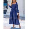 CUPSHE Womens Fall Dresses 2025 Square Neck Smocked Long Sleeve Ruffled Lace Long Formal A Line Maxi Wedding Guest Dress(Navy Blue)