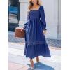 CUPSHE Womens Fall Dresses 2025 Square Neck Smocked Long Sleeve Ruffled Lace Long Formal A Line Maxi Wedding Guest Dress(Navy Blue)