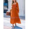 CUPSHE Womens Fall Dresses 2025 Square Neck Smocked Long Sleeve Ruffled Lace Long Formal A Line Maxi Wedding Guest Dress(Orange)