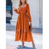 CUPSHE Womens Fall Dresses 2025 Square Neck Smocked Long Sleeve Ruffled Lace Long Formal A Line Maxi Wedding Guest Dress(Orange)