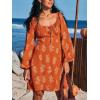 CUPSHE Women’s Fall Dresses Long Sleeve Scoop Neck Casual Drawstring Floral High Waist Elegant Party Mini Dress(Burnt Orange)