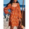 CUPSHE Women’s Fall Dresses Long Sleeve Scoop Neck Casual Drawstring Floral High Waist Elegant Party Mini Dress(Burnt Orange)