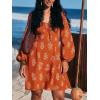 CUPSHE Women’s Fall Dresses Long Sleeve Scoop Neck Casual Drawstring Floral High Waist Elegant Party Mini Dress(Burnt Orange)