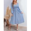 CUPSHE Women’s Fall Dresses Long Sleeves Square Neck Striped Casual Outfits Smocked A Line Ruffled Flowy Midi Formal Dress(Blue)