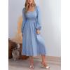 CUPSHE Women’s Fall Dresses Long Sleeves Square Neck Striped Casual Outfits Smocked A Line Ruffled Flowy Midi Formal Dress(Blue)