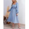 CUPSHE Women’s Fall Dresses Long Sleeves Square Neck Striped Casual Outfits Smocked A Line Ruffled Flowy Midi Formal Dress(Blue)