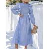 CUPSHE Women’s Fall Dresses Long Sleeves Square Neck Striped Casual Outfits Smocked A Line Ruffled Flowy Midi Formal Dress(Blue Ruffled)