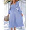 CUPSHE Women’s Fall Dresses Long Sleeves Square Neck Striped Casual Outfits Smocked A Line Ruffled Flowy Midi Formal Dress(Blue Ruffled)