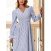 CUPSHE Women’s Fall Dresses Striped V Neck Long Sleeve Elastic Somked Swing Maxi Dress(Blue)