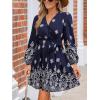 CUPSHE Women’s Fall Dresses V Neck Long Sleeve Floral Print Belted Tie Front Casual A Line Mini Dress(Navy)