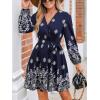CUPSHE Women’s Fall Dresses V Neck Long Sleeve Floral Print Belted Tie Front Casual A Line Mini Dress(Navy)