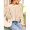 CUPSHE Women’s Fall Pullover Top Bow Ribbed Knit Crew Neck Long Sleeve Contrast Trim Sweater(Beige)