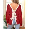CUPSHE Women’s Fall Pullover Top Bow Ribbed Knit Crew Neck Long Sleeve Contrast Trim Sweater(Red)