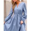 CUPSHE Women’s Fall Wedding Guest Dress V Neck Long Sleeve Drawstring Ruffled Casual Flowy Elegant Party Maxi Dresses(Blue)