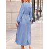 CUPSHE Women’s Fall Wedding Guest Dress V Neck Long Sleeve Drawstring Ruffled Casual Flowy Elegant Party Maxi Dresses(Blue)