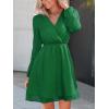 CUPSHE Womens Fall Wedding Guest Party Dress Long Sleeve V Neck Mini Dress Flowy Chiffon A Line Short Dresses(Dark Green)