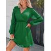 CUPSHE Womens Fall Wedding Guest Party Dress Long Sleeve V Neck Mini Dress Flowy Chiffon A Line Short Dresses(Dark Green)