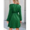CUPSHE Womens Fall Wedding Guest Party Dress Long Sleeve V Neck Mini Dress Flowy Chiffon A Line Short Dresses(Dark Green)