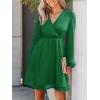 CUPSHE Womens Fall Wedding Guest Party Dress Long Sleeve V Neck Mini Dress Flowy Chiffon A Line Short Dresses(Dark Green)