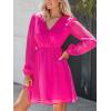 CUPSHE Womens Fall Wedding Guest Party Dress Long Sleeve V Neck Mini Dress Flowy Chiffon A Line Short Dresses(Hot Pink)