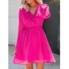 CUPSHE Womens Fall Wedding Guest Party Dress Long Sleeve V Neck Mini Dress Flowy Chiffon A Line Short Dresses(Hot Pink)