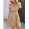 CUPSHE Womens Fall Wedding Guest Party Dress Long Sleeve V Neck Mini Dress Flowy Chiffon A Line Short Dresses(Khaki)