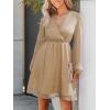 CUPSHE Womens Fall Wedding Guest Party Dress Long Sleeve V Neck Mini Dress Flowy Chiffon A Line Short Dresses(Khaki)