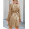 CUPSHE Womens Fall Wedding Guest Party Dress Long Sleeve V Neck Mini Dress Flowy Chiffon A Line Short Dresses(Khaki)
